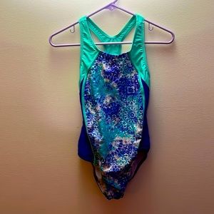 Speedo racer back one piece swimsuit. Girls size 16. Teal and blue.